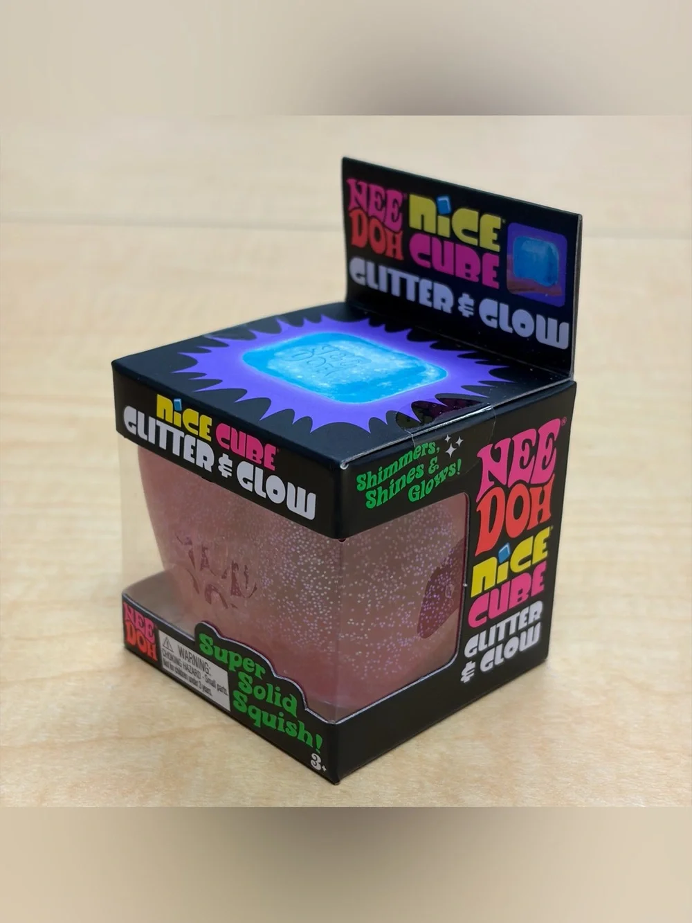 NeeDoh Nice Cube Glitter & Glow Squishy Stress Toy Pink Super Solid Squish New